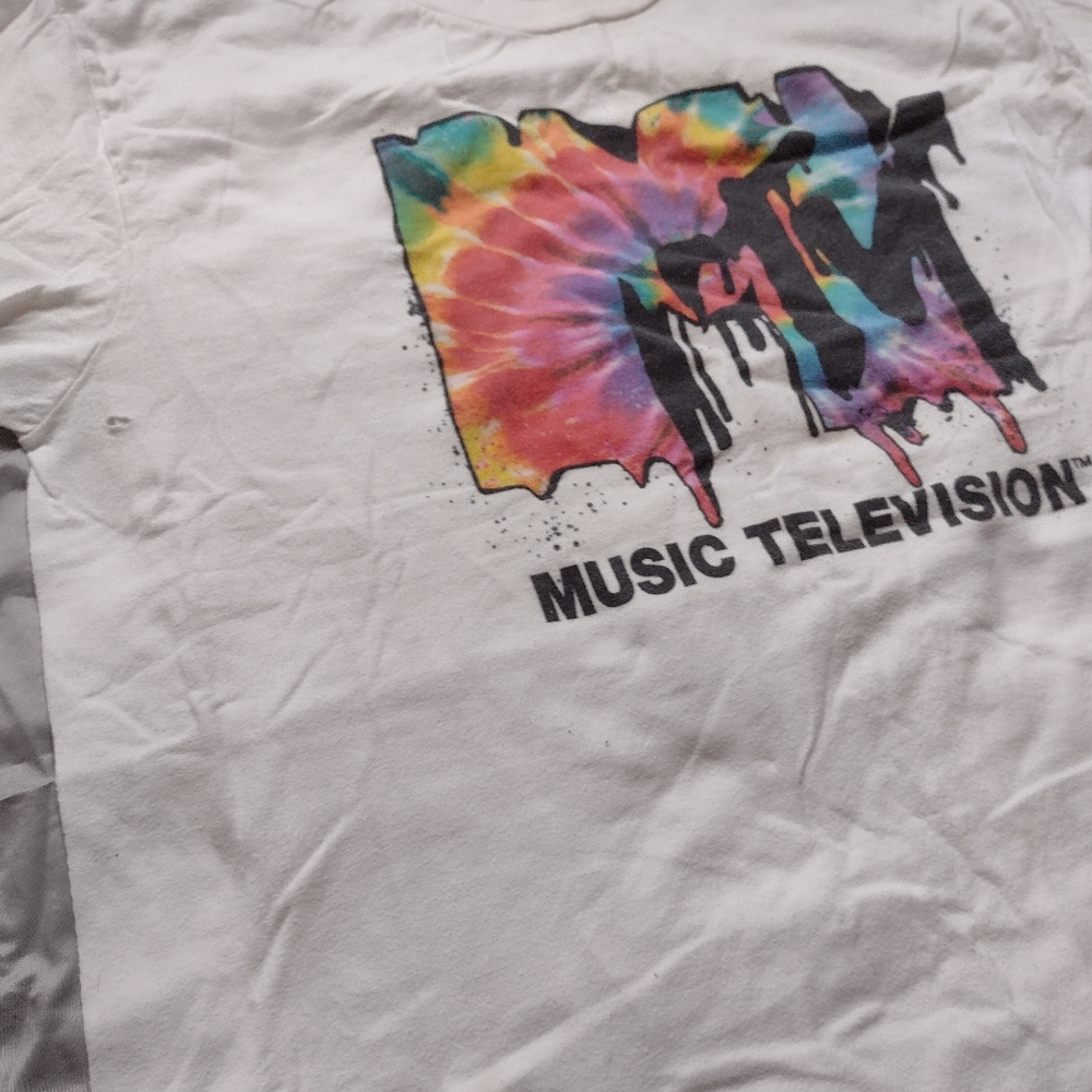Vintage Youth Y2K Retro Style MTV Tie Dye Logo Short Sleeve White Graphic Tee - Picture 3 of 7